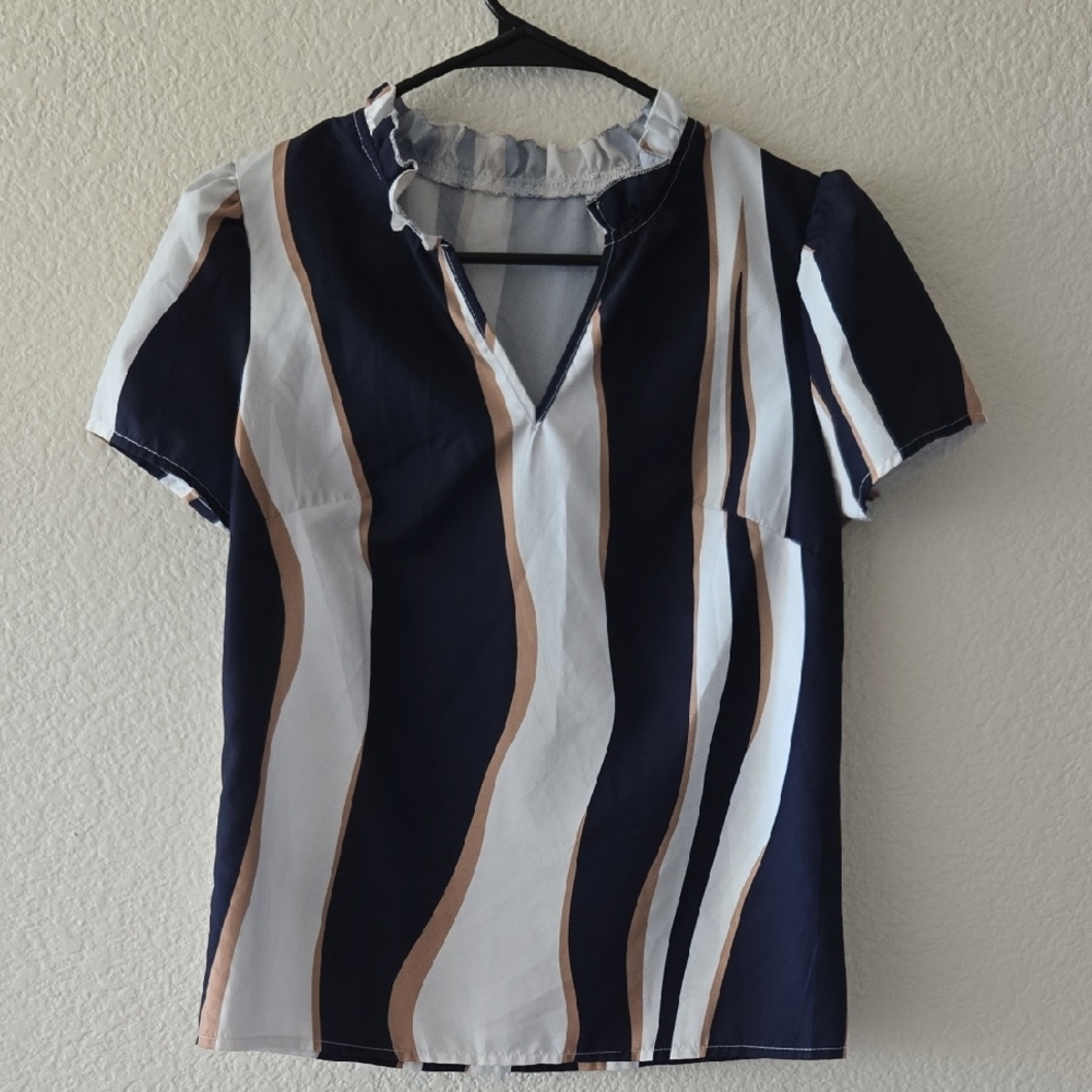 SHEIN Navy, White, and Tan Striped Blouse